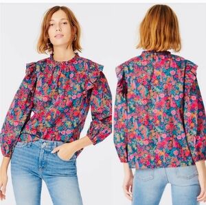 J. Crew Liberty Ciara Ruffleneck Flutter Sleeve Floral Top Pleated Pink Small